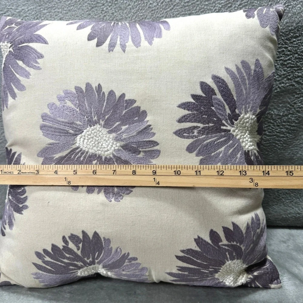 Pier 1 Embroidered Lavender Floral Throw Pillow Boho Cream Decorative Cushion